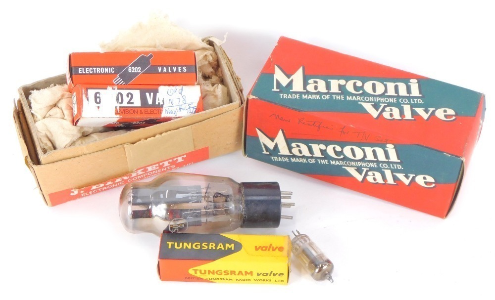 A small group of radio valves, comprising a Tungsram valve, a Marconi U52 valve, a Bbimar 5U4G