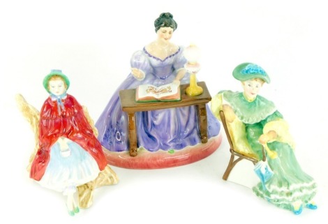 Three porcelain ladies, comprising Royal Doulton Sally HN2741, 15cm high, Royal Doulton Ascot HN2356, 15cm high, and ceramic sculptures by Peggy Davies The Illustrious Ladies of the Stage Fanny Campbell, 17cm high. (3)