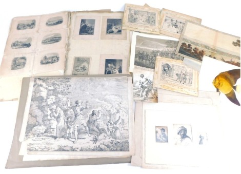 An album containing loose 18th and 19thC engravings, to include The King's Declaration to His Gentry and Army, The English Civil War 1642, Dickie Stooge and The Giant Porter, pen and ink by Kenilworth, others by Kenilworth, a coloured illustration of Wind