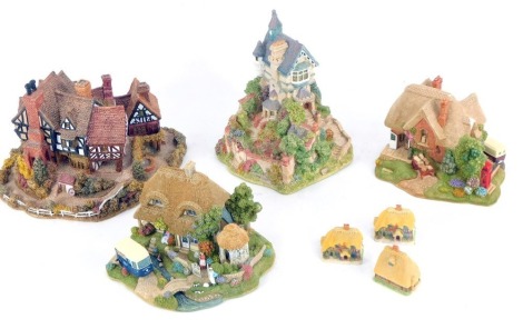 Seven Lilliput Lane Cottages, comprising The Chocolate Factory (AF), Two Pints Please, Secret Garden, Tudor Court, Three Honeysuckle Cottages miniature, boxed. (7)