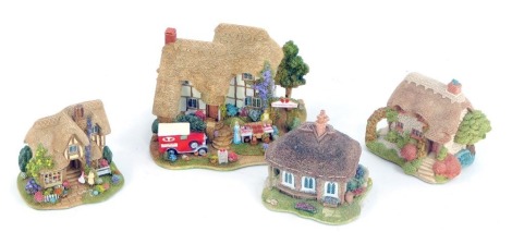 Four Lilliput Lane Cottages, comprising Pipit Toll, Wight Cottage, Strawberry Fields, and The Chocolate Box, boxed. (4)