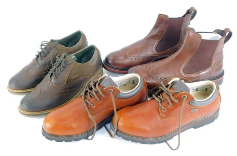 Three pairs of gentleman's shoes, comprising a pair of Brasher Event waterproof UK size 10 gentleman's shoes, a pair of Barber brown brogues, size 10, and a pair of unbranded Turnbury size 10 gentleman's boots. (3)