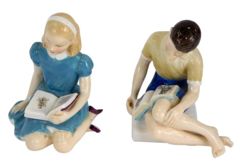 Two Royal Doulton figures, comprising Alice, HN2158, 13cm high, and Treasure Island, HN2243, 13cm high. (AF)