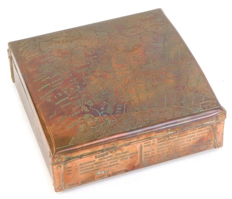 A Granger of Egypt WWII brass cigarette box, engraved to the lid with V-E World War II Battlefields of Europe, to the sides with the salient dates of the war, interior incomplete, the base engraved 'Brass used in the manufacture of this box was salvaged f