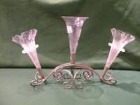 A plated Epergne stand with three glass trumpets