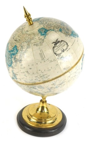 A Replogle World Classic 9" diameter terrestrial globe, World Classic Series, on a brass support, with wooden base, 40cm high.