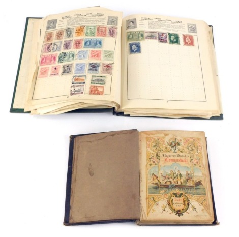 Philately. A Universal stamp album, including contents of stamps for Afghanistan, Australia, Belgium, Egypt, Czechoslovakia, French colonies, Jamaica, Italy, Portugal, and others, and a German music book, bearing stamp Richard Fliegel Fisch Bach, with int