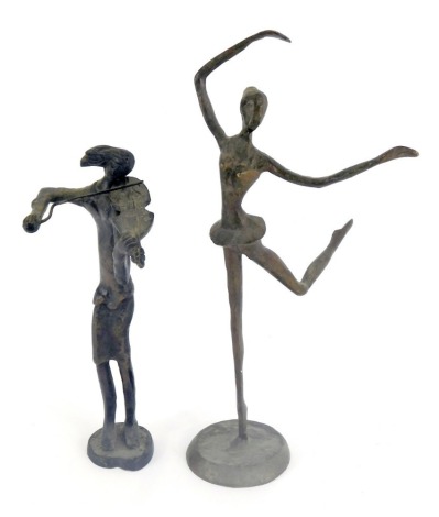 Two mannerist brass sculptures, comprising a ballerina dancing, 33cm high, and a girl playing a violin, 25cm high. (2)