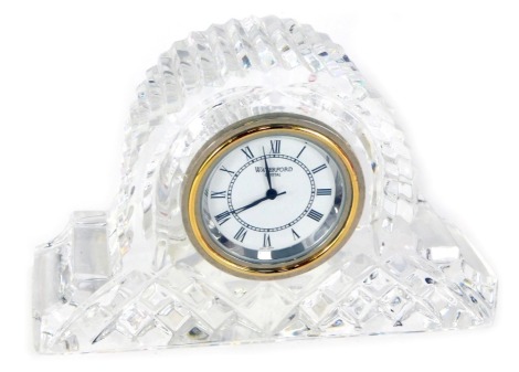 A Waterford Crystal mantel clock, with white Roman numeric dial, 6.5cm high, 8cm wide, 3cm deep.