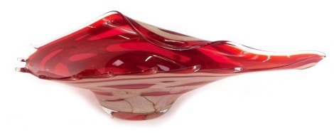 A Polish Art Glass bowl, possibly Jozefina Krosno, of shaped shell form, with a red and white banding, 12cm high, 45cm wide.