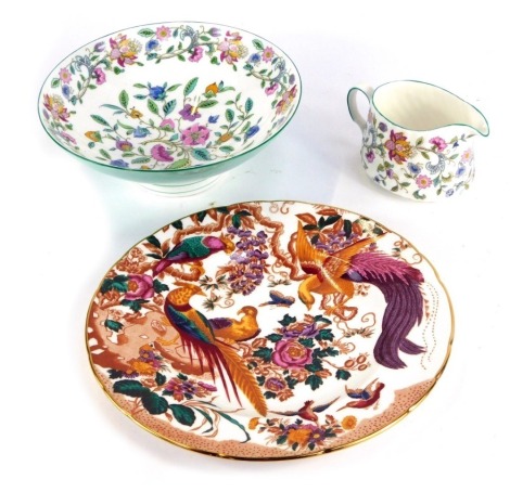 Three named ceramics, comprising a Minton Haddon Hall serving bowl, Minton Haddon Hall milk jug, and a Royal Crown Derby Old Avesbury pattern cabinet plate, 27cm diameter. (3)