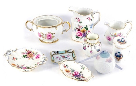 A group of Royal Crown Derby and other china, comprising a Derby Posies milk jug, a Royal Pinxton Roses sugar bowl (lacking lid), Royal Antoinette vase, Derby Posies large jug, Derby Posies pin dish, a Royal Crown Derby two handled pin dish, a Limoges pai