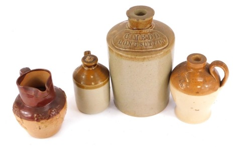 Four items of stoneware, comprising a C Med of Long Sutton stoneware bottle, 20cm high, a Doulton Lambeth George Roney and Co bottle, 13cm high, an unmarked stoneware bottle with cork stopper, 11cm high, and a Slaters patent Doulton Lambeth two toned jug,