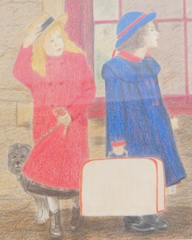 L Dubery (20th/21stC School). Two figures and dog at a station, pastel, 36cm x 31cm, framed and glazed.