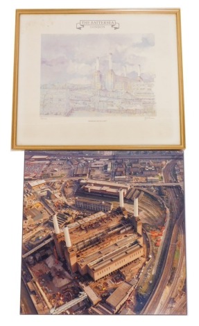 Two pictures relating to Battersea Power Station, comprising After Warner. The Battersea, London, Regeneration in a City, limited edition print number 89/100, 29cm x 38cm, and a wooden mounted photographic print, 51cm x 48cm. (2)