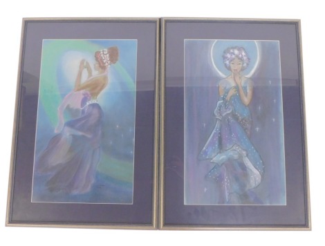 Lyn Dubery (20th/21stC School). Two pastels, comprising The Moon After A Mucha, pastel, signed and dated 2012, 62cm x 36cm, and another of similar design entitled Pole Star After A Mucha, 62cm x 36cm, signed and dated 2012, framed and glazed. (2)