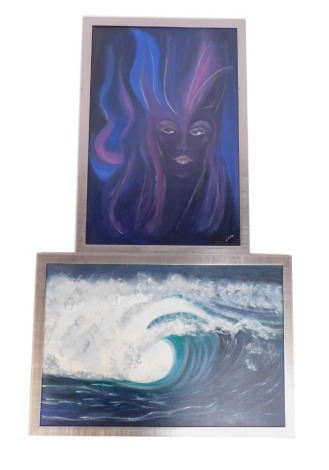 L Dubery (20th/21stC School). Rough Seas, acrylic on board, 50cm x 74cm, and The Purple Lady, 75cm x 50cm, acrylic on board, in silvered frames. (2)