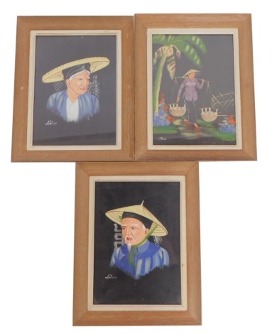 Holac (20thC School). A set of three Oriental screen prints, on black canvas, 36cm x 25.5cm, framed and glazed. (3)