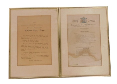 Two Army orders, comprising one appointed to General Sir H S Rawlinson For the Victoa Cross to Corporal Alexander Henry Buckley, Distinguished Service Order, Military Cross, and bar awards, dated 7th March 1919, 33cm x 20cm, and a recommendation for award