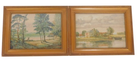 J Sander (20thC School). Two watercolours, comprising The Ship, boating scene, 25cm x 34cm, signed and dated 1909, and a wooded landscape with lake and fisherman, signed and dated 1910, 25cm x 34.5cm, framed and glazed. (2)