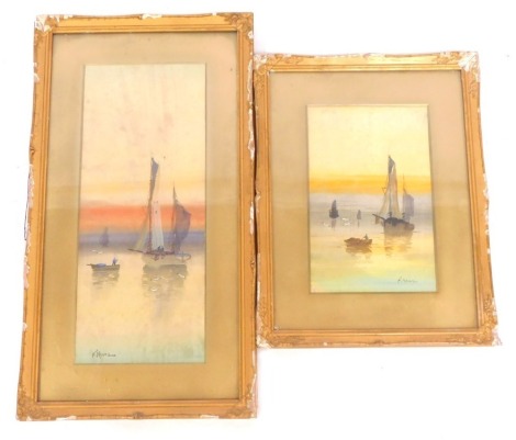 F Nevil (20thC School). Boating scenes, pair of watercolours, 43cm x 18cm, and 27cm x 17cm, in gilt frames. (2)