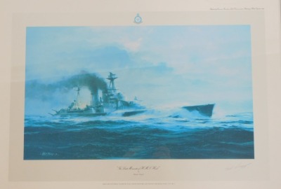 After Robert Taylor. The Last Moments of HMS Hood, limited edition print, first edition print signed by HMS Hood survivor Lieutenant Ted Briggs, 35cm x 52cm, framed and glazed. - 4