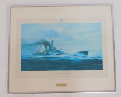 After Robert Taylor. The Last Moments of HMS Hood, limited edition print, first edition print signed by HMS Hood survivor Lieutenant Ted Briggs, 35cm x 52cm, framed and glazed. - 5