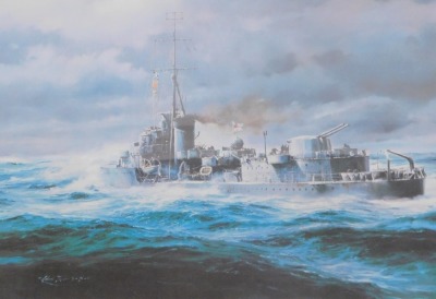 After Robert Taylor. HMS Kelly, signed print, 33cm x 53cm, framed and glazed.