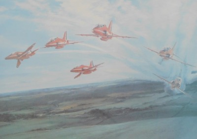 After Robert Taylor. The Red Arrows 1980, print, signed by Squadron Leader Brian Hoskins, 42cm x 51cm, framed and glazed.