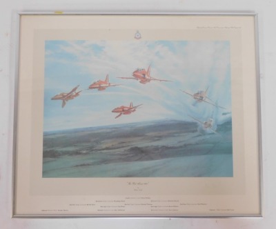 After Robert Taylor. The Red Arrows 1980, print, signed by Squadron Leader Brian Hoskins, 42cm x 51cm, framed and glazed. - 5