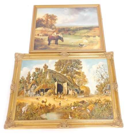 Ginnell (20thC School). Farming scene with barn, geese, cattle, and horses, signed and dated 1985?, oil on canvas, 60cm x 90cm, and a hay scene print, 67cm x 75cm. (2, AF)