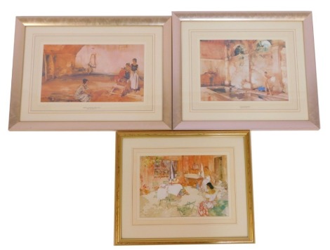 After Sir William Russell Flint RA. Three prints, comprising In Classic Provence, 26cm x 37cm, Gossip in a Provincial Wood Vault, 26cm x 43cm, and a further interior scene, untitled, 24cm x 36cm, framed and glazed. (3)