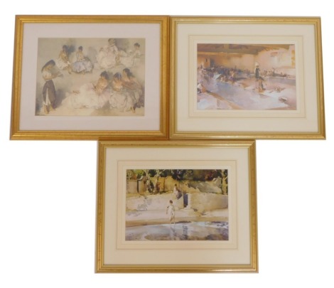 After Sir William Russell Flint. Three prints, comprising Group of Ladies Reclining, 28cm x 36cm, Ladies at the Bath, 24cm x 32cm, and Lady by River, 23cm x 35cm, framed and glazed. (3)