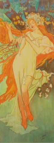 Lyn Dubery (20thC School). The Woodland Fairy, in the manner of Mucha, signed and dated 1996, watercolour, 57cm x 23cm, framed and glazed.