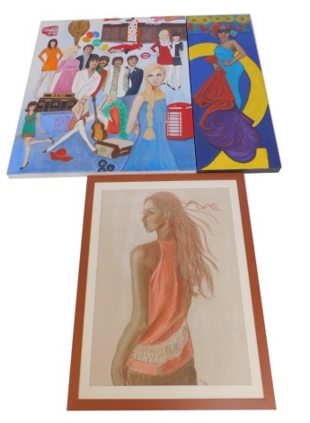 L Dubery (20th/21stC School). Three pictures, comprising acrylic in canvas, lady in blue dress with flowers, 101cm x 35cm, a pastel figure if a lady in red top, 71cm x 53cm, and a large pop style canvas to include The Beatles and London scenes, acrylic on