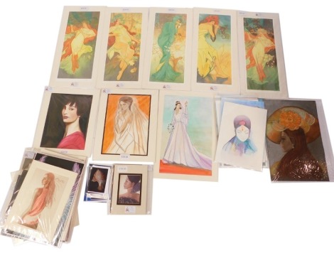 After Lyn Dubery. Various artists prints and originals, many after Mucha, flowers, butterflies, etc., mainly mounted. (1 box)