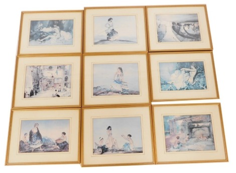 After Sir William Russell Flint. A collection of nine prints, in the classic style, 16cm x 23cm, framed and glazed.