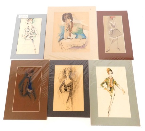 A collection of French fashion pastels, After Rudolph Wayne, the largest 35cm x 27cm, the smallest 31cm x 15cm. (6)