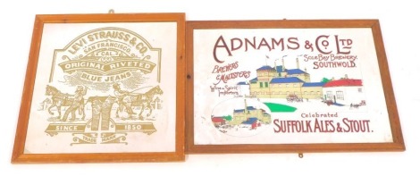 Two advertising mirrors, comprising Adams and Co Limited of Southwold Stout, in pine frame, 39cm x 58cm, and a Levi Strauss and Co Jeans advertising mirror, 45cm x 45cm, in pine frame. (2)