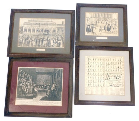 Four 19thC and later engravings and posters, comprising Cromwell Dissolves Parliament, 26cm x 34cm, The Tryal of the King, 38cm x 43cm, Execution of Charles I, 32cm x 45cm, and another, 40cm x 40cm, framed and glazed. (4)