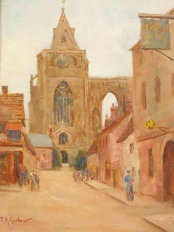 Robert A Gardner (1850-1926). Crowland with the Abbey, signed, oil on board, 38cm x 27cm, in gilt frame.