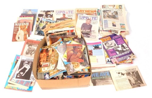 A group of gay magazines, newspapers and glamour magazines, to include Mr Magazine, Boys Newspaper, Guyz Magazine, Man to Man, Steam and Male Power, Mandate, Playgirl, etc. (1 box)