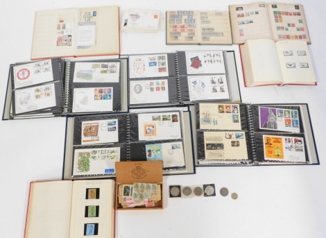 Four albums of first day covers, dating from 1970s and 1980s, various loose used stamps, collector's albums with GB, Olympia and World stamps, Charles & Diana collector's stamps, French Columbine album, anniversary stamps, regional definitives for Guernse