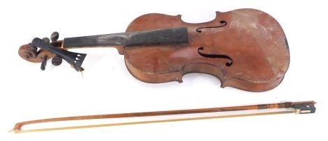 A Chinese two piece back violin, and associate bow, 57cm long. (AF)