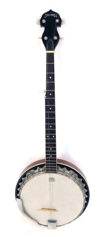 A Sonata banjo, with bone inlay and mother of pearl tuning pegs, 96cm long.