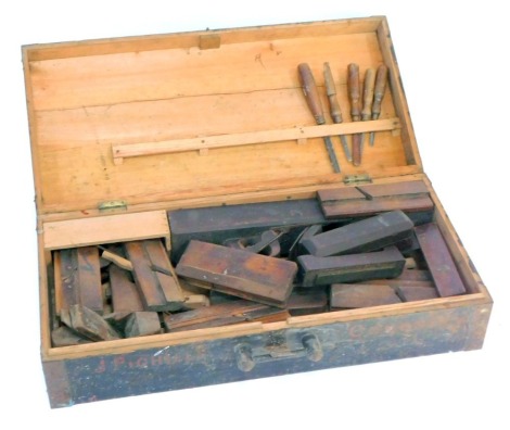 A Victorian stained pine tool chest, for E Pighills, and contents of screwdrivers, planes and chisels, 22cm high, 84cm wide, 40cm deep.