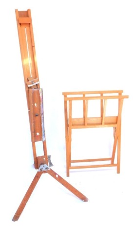 Two artist's easels, comprising a collapsible substantial easel, 158cm high, and a modern pine fold away easel, 81cm high. (2)