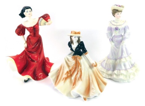 Three porcelain ladies, comprising Royal Worcester Caroline, Coalport Golden Age Louisa At Ascot, and Ladies of Fashion Rosemary Dream, each 20cm high. (3)