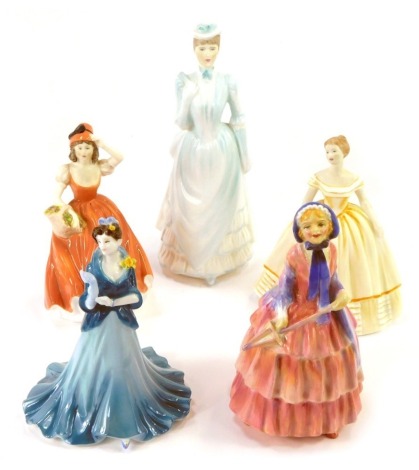 Five porcelain ladies, comprising miniature Royal Doulton Biddy, Coalport Debutante of the Year Daffodil Ball 1988, Coalport Andrea, Linda and Revel. (5)