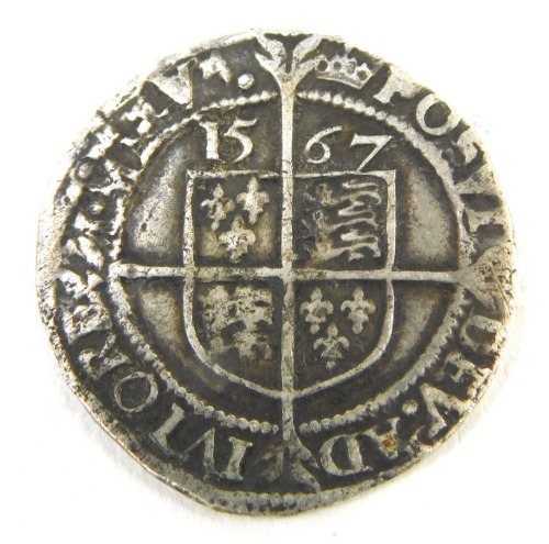 An Elizabeth I hammered silver threepence 1567, obverse profile of the Queen with a Tudor rose, reverse a long cross with coat of arms.